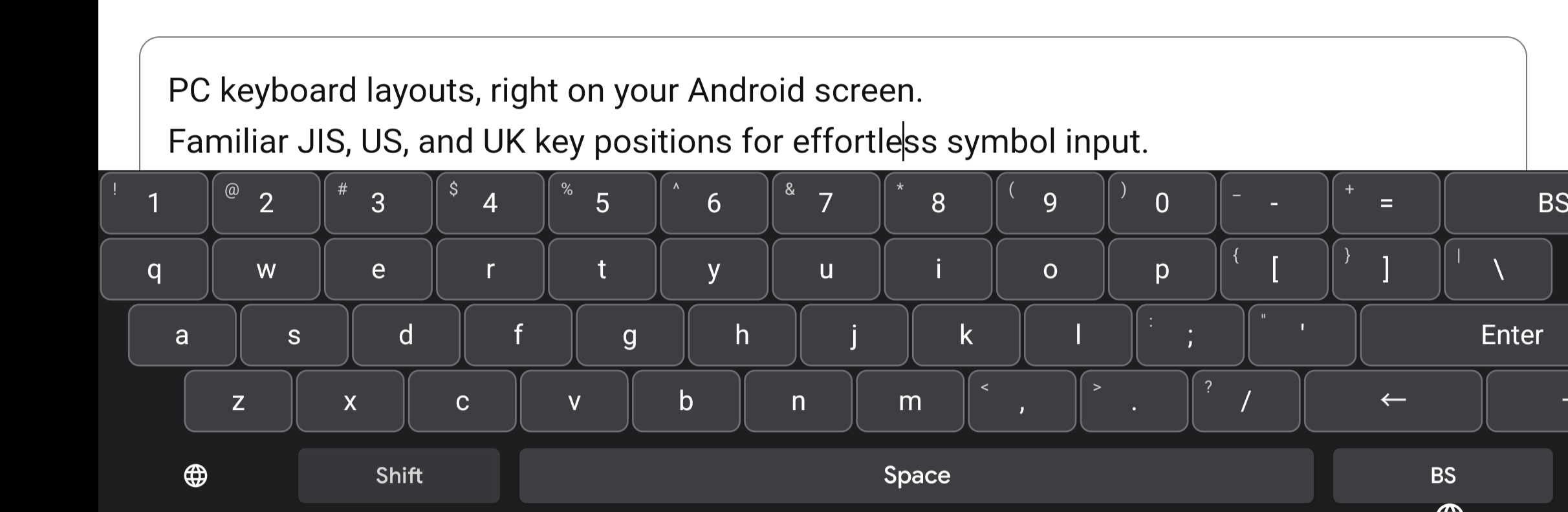 PC Layout Keyboard in US layout on an Android phone in landscape orientation