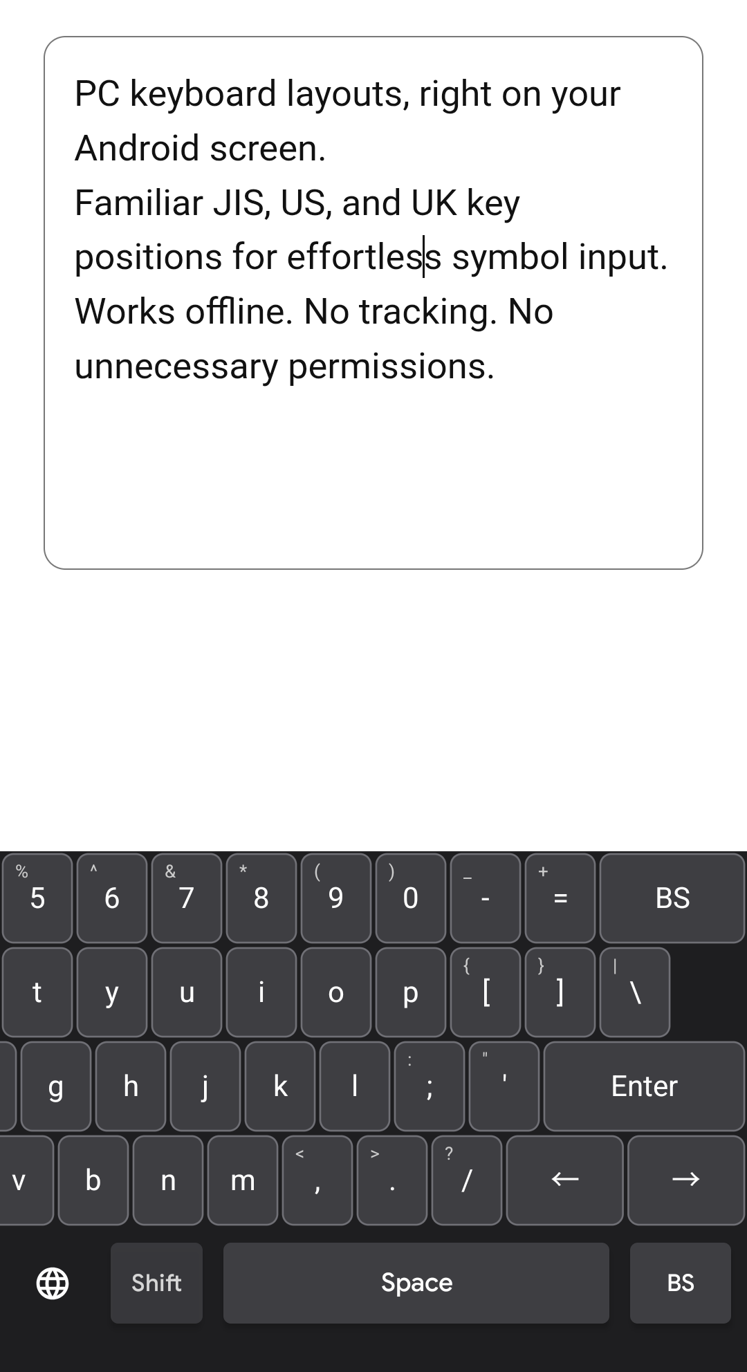 PC Layout Keyboard in US layout on an Android phone in portrait orientation