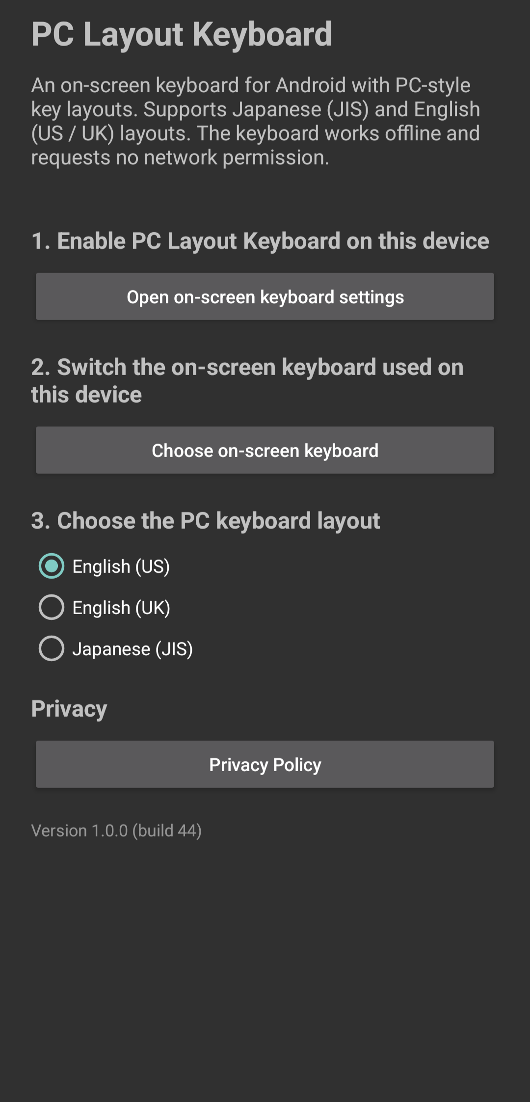 PC Layout Keyboard settings showing US, UK, and JIS layout choices