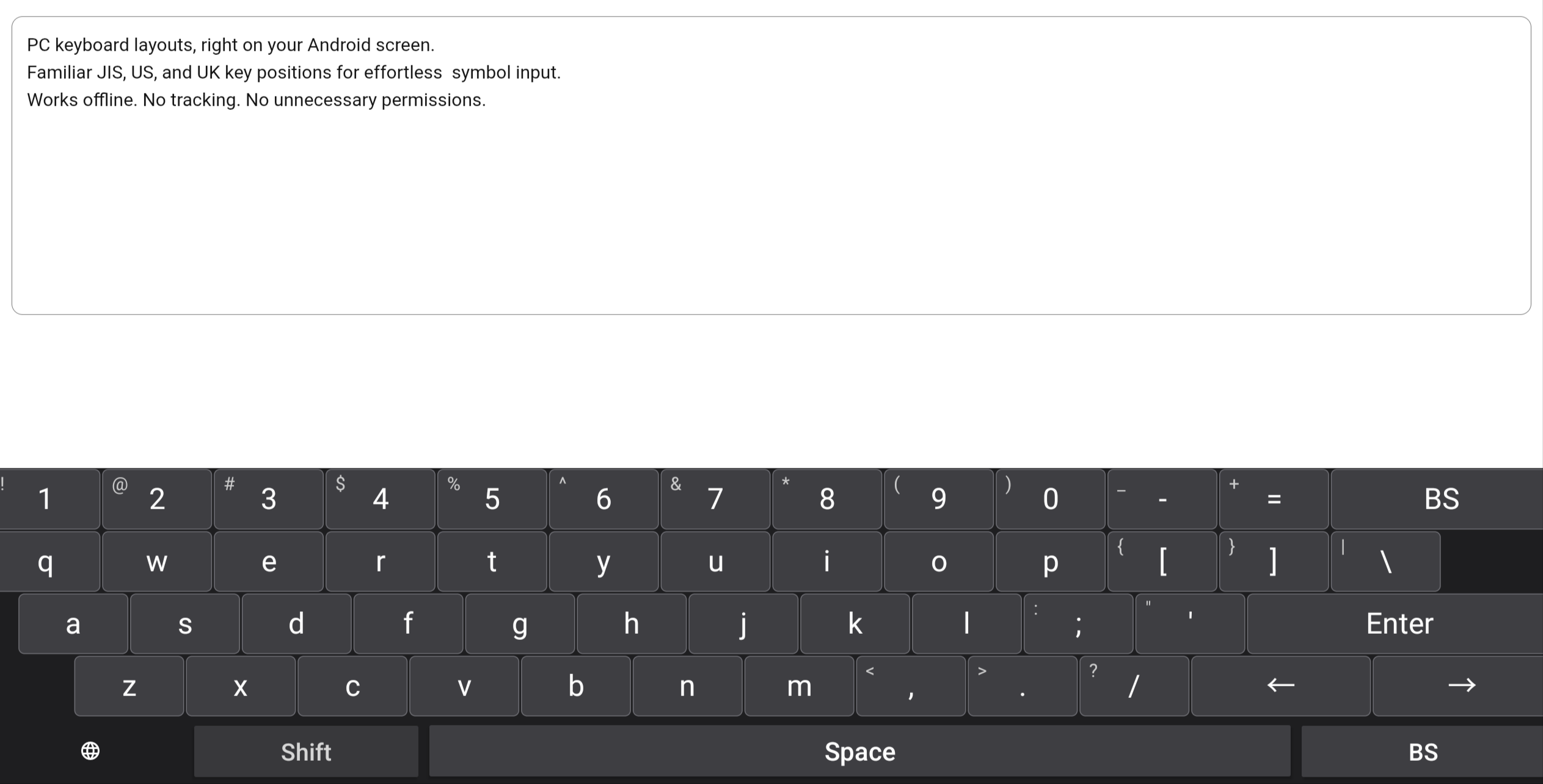 PC Layout Keyboard in US layout on an Android tablet in landscape orientation