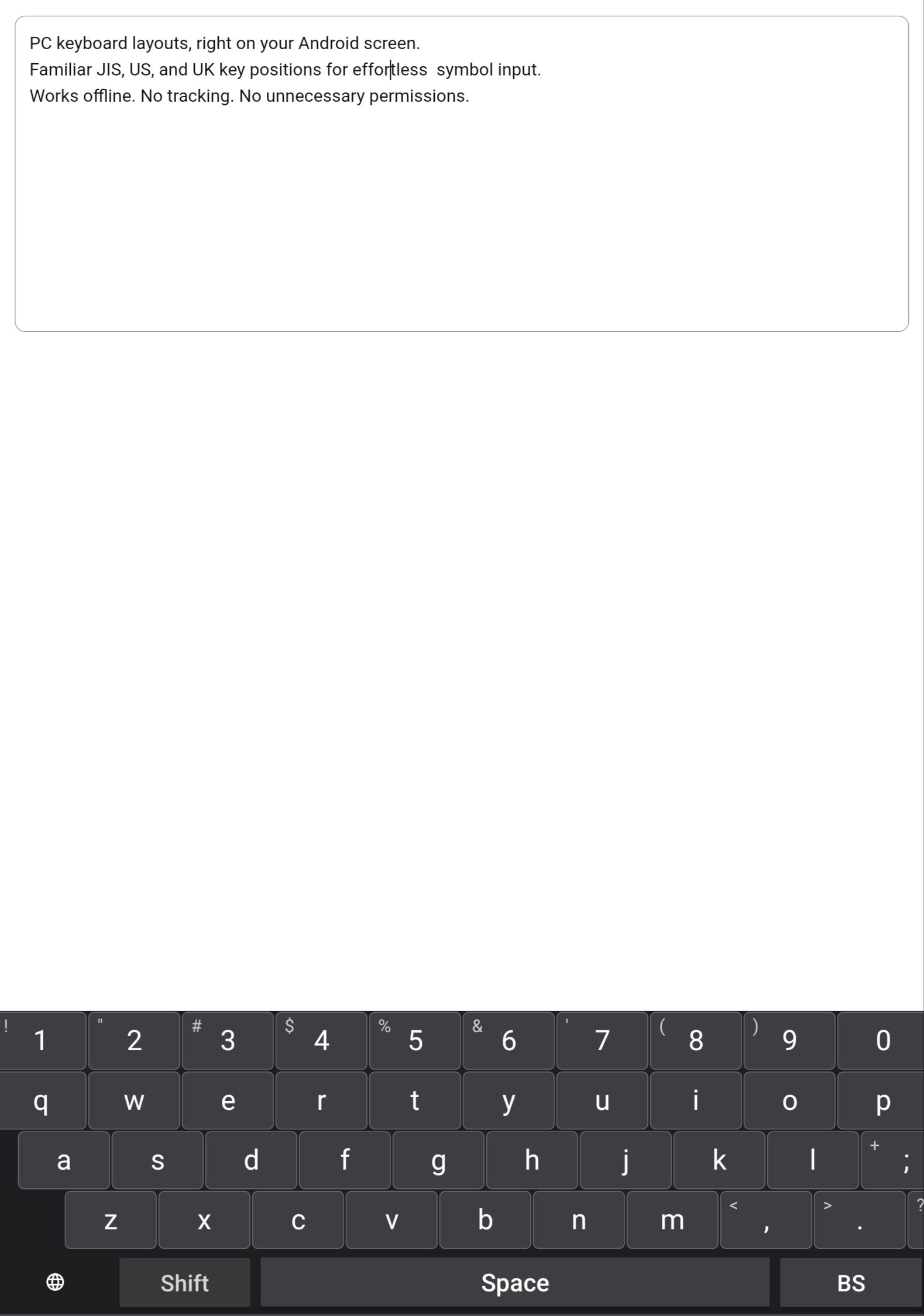 PC Layout Keyboard in JIS layout on an Android tablet in portrait orientation